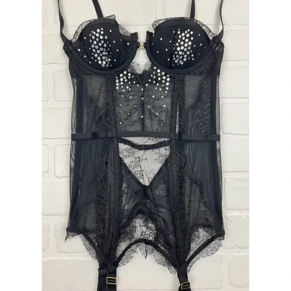 Victorias Secret Black Lacy Rhinestone Embellished Bustier Lingerie Size 34A - Picture 2 of 6